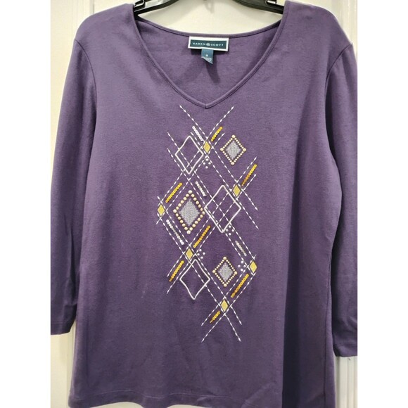 Karen Scott Pullover Knit Top Decor V-Neck 3/4 Sleeve SZ M Purple Cotton Blouse - Picture 2 of 7